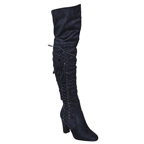BESTON FM36 Women's Side Zipper Chunky Wrapped Heel Thigh High Tassel Boot, Color Navy, Size:8