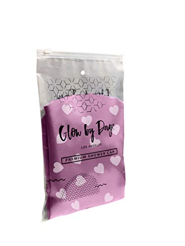 Large Satin Lined Shower Cap- Adjustable, Waterproof, Satin Interior for Hair Protection, Designed for Large, Long, or Natural Hair, Reusable Cap by Glow by Daye (Pink Hearts/Lavender