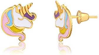 18k Hypoallergenic Yellow Gold Enamel Unicorn Push Backs Stud Earrings for Girls, Children, Infants, and Teens
