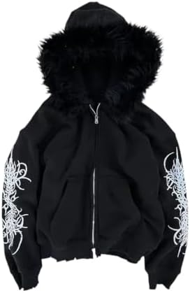 Amazon.com: Hesaco Y2k Zip Up Hoodie Fur Hooded Jacket Graphic