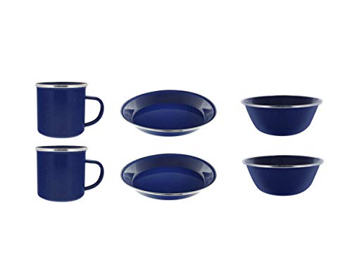 Direct 2 Boater Camping Dinnerware 2-Person Set, 6 Items - 2 ea of 24 oz Mugs, 6" Bowls & 10" Plates Metal w/Blue Enamel Finish