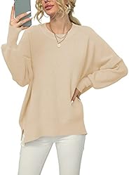 ANRABESS Women Crewneck Batwing Sleeve Oversized Side Slit Ribbed Knit Pullover Sweater Top