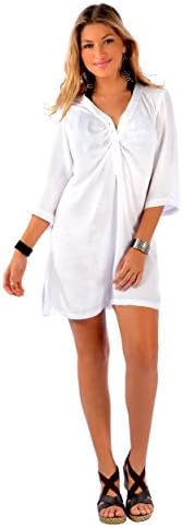 1 World Sarongs Womens Button Down Solid White Tunic Cover Up in Small