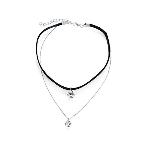 Mschahome Necklace Vintage Black Faux Leather Double Layer CZ Crystal Pendant Round Cut Dainty Sliver Chocker