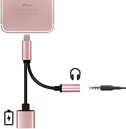 2in1 Lightning Adapter for iPhone IOS 10.2.1,MINIMALISM Lightning Charger and 3.5mm Earphone Cable Adapter [No Music Control] for iPhone 7/7 Plus/6s/6/5s/5 -Rose Gold