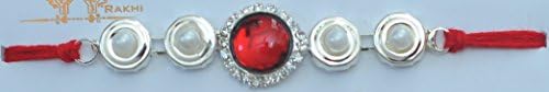 Fancy rakhi with thread, white pearl, silver diamonds and colourful stons design ED10525