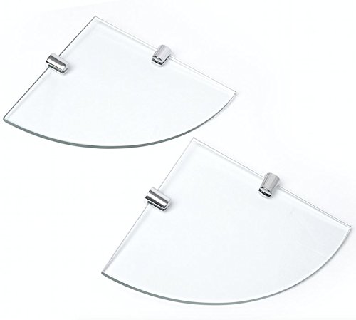 BSM Marketing Set of Two Clear 150mm (7" Approx) 6mm Thickness Toughened Glass Corner Shelves for Bathroom Bedroom Office with Chrome Finish Shelf Supports