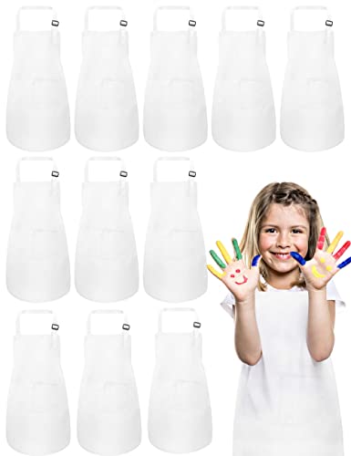 IAGBIBUI 12 Pack Kids Aprons Bulk with 2 Pockets Adjustable Chef Art Apron Kids Painting Aprons for Cooking Baking Crafting Grilling for Boys Girls Age 6-13 Years(White)