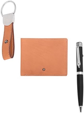JL Collections 4 Card Slots Camel Men's Leather Wallet with Keychain & Ball Pen Gift Sets (Pack of 3)