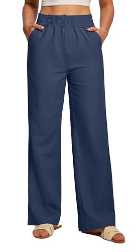 Ewedoos Womens Linen Pants Wide Leg Palazzo Cotton Linen Causal Pants for Women Summer Breathable Beach Vacation Outfits Blue at Amazon