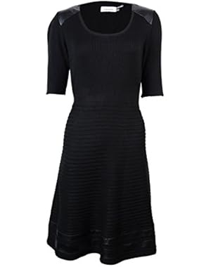 Calvin Klein Women's Faux Leather Trim Ribbed Sweater Dress