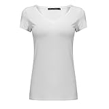 OThread & Co. Women's Short Sleeves T-Shirt V-Neck Plain Basic Spandex Tee (Small, White)