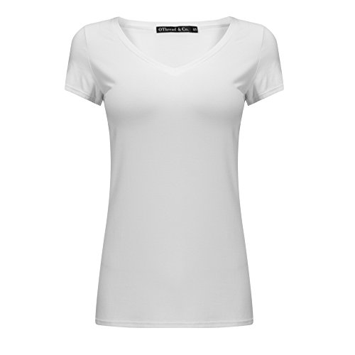 OThread & Co. Women's Short Sleeves T-Shirt V-Neck Plain Basic Spandex Tee (Small, White)