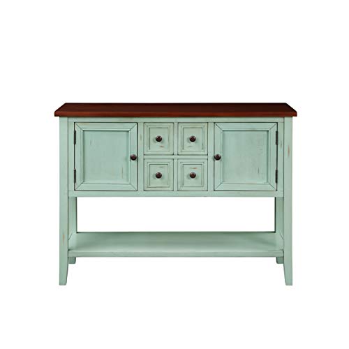 LOKESI Console Table Buffet Sideboard Sofa Table with 4 Storage Drawers Two Cabinets and Bottom Shelf (Antique Blue)