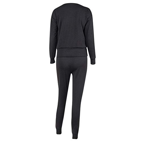 Dreamyth-Winter 2Pcs Women Solid Tracksuit Sweatshirt Regular Sleeve Long Pants Sport Lounge Wear Suit Sets (Black, S:Bust:98cm/38.6'') - Thumbnail 3