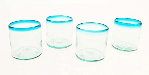 Set of 4, Handmade Mexican Aqua Rimmed Rocks Glasses, Recycled Glass-14-16 oz