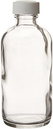 9-172 Clear Borosilicate Glass Standard Boston Round Bottle with White Polypropylene Closure and 0.015" PTFE Lined, 22-400mm Cap Size, 125mL Capacity (Pack of 24)