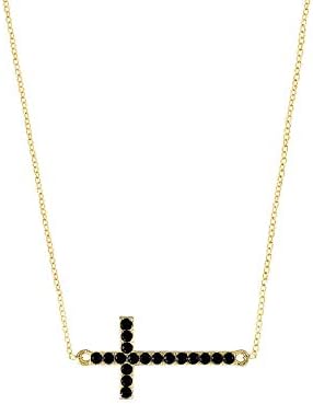 QUINBY 14K Gold Plated Transverse Sideways Cross Crucifix Pendant Necklace CZ Cubic Zirconia Gift Box Free