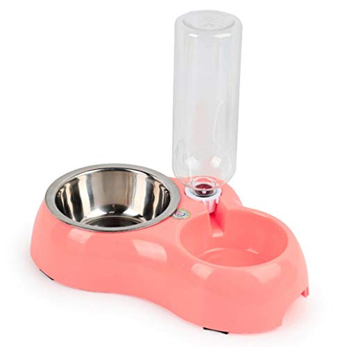 LeSharp Pets Public Accessories, Self-Dispensing Gravity Pet Feeder and Waterer,Dogs & Cats Double Feeder Bowl Stainless Steel Bowl Automatic Water Dispenser- Pink
