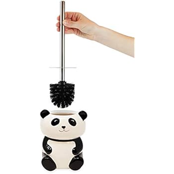 Isaac Jacobs Black and White Ceramic Panda Toilet Bowl Brush Holder with Chrome Metal Handle (Unassembled) - Bathroom Accessory & Cleaning Storage (Panda)