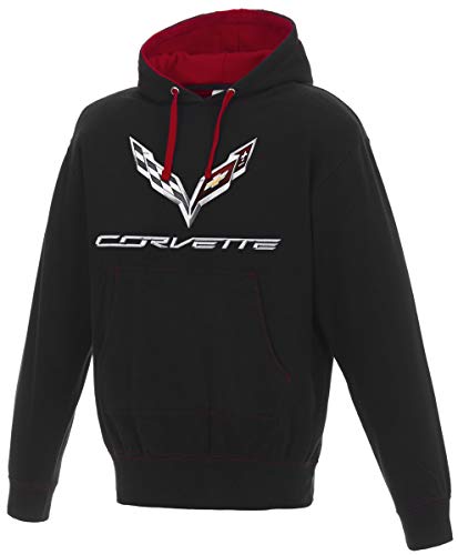 Men's Chevy Corvette C7 Pullover Hoodie Red Hood Lining & Body Stitching (2X, Black - Red)