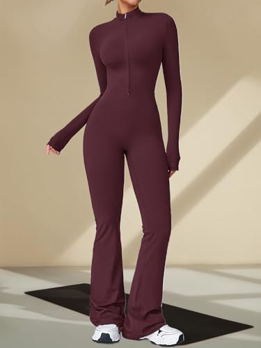 Ecupper Women's Jumpsuit with Long Sleeves, Slit Bottom, Zipper, Jumpsuit, Full Bodysuit, Yoga Unitard, Wide Legs and Sexy