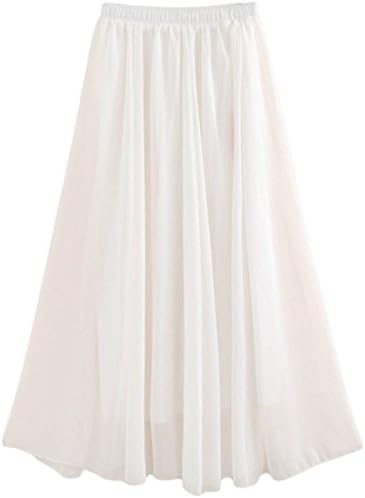 Season Show Women's Multicolor Elastic Pleated Retro Maxi Chiffon Long Skirt 03 White L