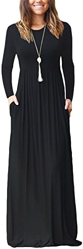 ASCHOEN Women's Casual Long Sleeve Plain Maxi Dress With Pockets, Black M