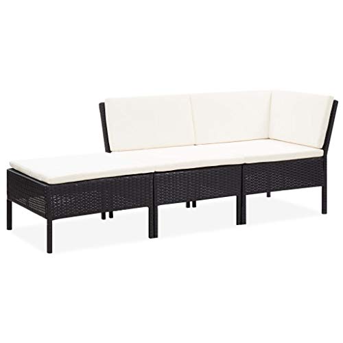 vidaXL Gartenmöbel 3-TLG. mit Auflagen Lounge Sofa Sitzgruppe Garten Garnitur Gartensofa Gartenset Mittelsofa Fußhocker Ecksofa Poly Rattan Schwarz