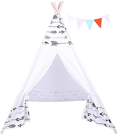 Teepee Tent for Kids Portable Indian Tent 100% Cotton & Canvas Material Children Teepee Arrow Pattern Folding Teepee Tent for Children with Small Coloured Flags & Pocket, White