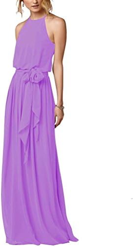 Amore Bridal Flowy Simple Beach Boho Dress Halter Long Bridesmaid Gown