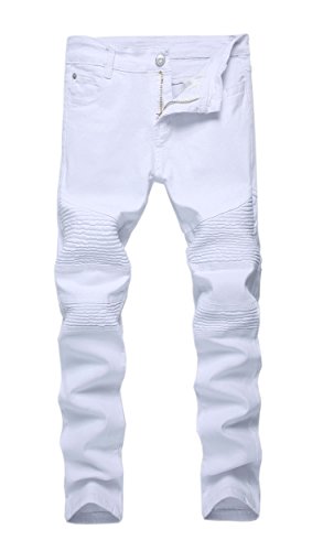 Kihatwin Big Boy Fashion Biker Moto Ripped Distressed Skinny Slim Fit Jeans White Size 10