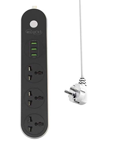 Regvolt Universal 3-Outlet Power Strip for 110v-250v Worldwide World Wide Travel with Surge 13 Amps (Euro Cord - 3 Outlet & 3 USB)