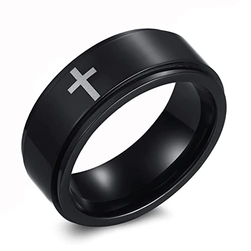 Spinner Cross Rings for Men, Silver/Black Anxiety Fidget Rings Men, Mens Rings Stainless Steel for Stress Relieving, Promise Ring for Women Size 6-12