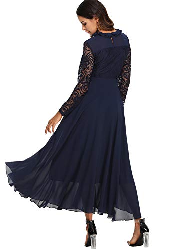 DIDK-Damen-Maxikleider-Langarm-Spitzen-Plissee-Brautjungfernkleid-Kleider-A-Linie-Kleid-Stehkragen-Ballonkleid-Hoher-Taille