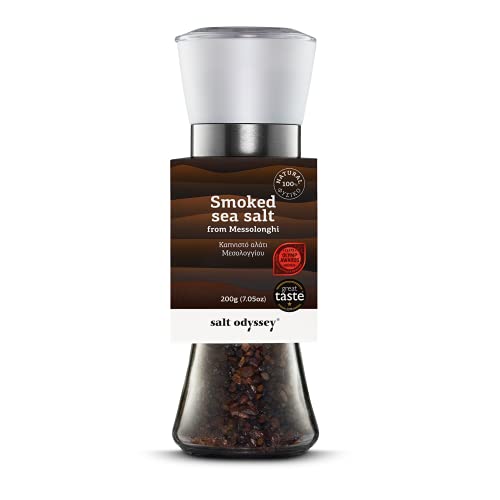 SALT ODYSSEY GRINDER SALT, PURE SEA SALT FOR SEASONING MEAT, FISH AND CHICKEN, 100% NATURAL SEA SALT FROM GREECE, GOURMET NATURALLY SMOKED SEA SALT MILL GRINDER (7.05 OZ.)