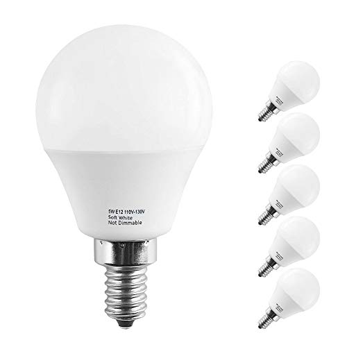 LAKES E12 LED Bulbs, 5W Led Candelabra Bulb, 40W Incandescent Equivalent, 450lm, Warm White 3000K, G14 Globe Bulbs for Ceiling Fan, Chandelier Bulb,Pack of 6