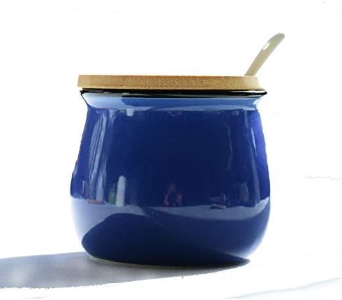 Ceramics Modern Colorful Sugar Bowl Spice Jar with Wood Lid and Spoon Seasoning Box Condiment Pots Blue