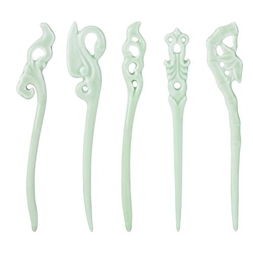 5 Pack Vintage Retro Handmade Ancient Chinese Japanese Aqua Ceramics Stone Chopsticks Hair Pins Picks Carved Hollow Long Horn Fork Pen Hairpins Sticks Clips Barrettes for Bun Chignon Hair Accessories