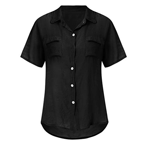 Sunhusing Women's Solid Color V-Neck Casual Button Buckle Short Sleeve Shirt Joker Office T-Shirt Black - Thumbnail 3
