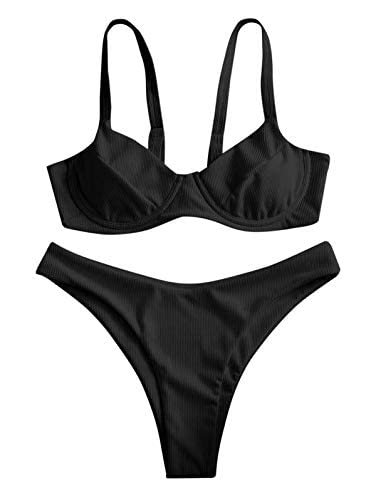 ZAFUL Underwire High Leg Ribbed Bikini Swimsuit Two Pieces Set Black - Image 4