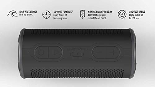 Braven BRV-360 Bluetooth-luidspreker, IP67 waterdicht, ideaal voor rugzakken met 5000 mAh powerbank, zwart - Afbeelding 3