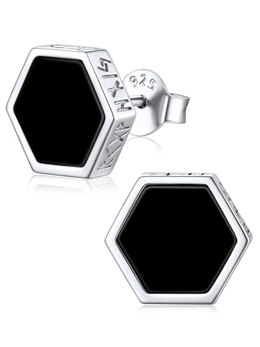 ChicSilver 925 Sterling Silver Viking Rune Natural Black Onyx Stud Earrings For Women Men