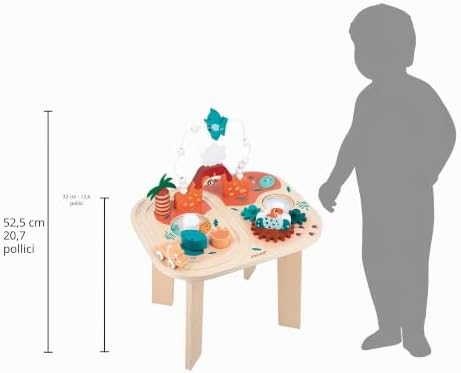 - Tavolo Multiattività Dinosauro - 8 attività per Bambini - Multisensoriale - Abilità Fino-Motorie e Manualità - Legno FSC - dai 12 Mesi, J05825