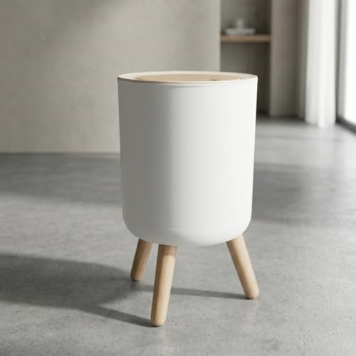 Lixeira Retrô De Plástico Resistente Com Tampa Click Pés Estilo Madeira 8L Branca Para Diversos Ambientes