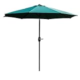 AMT 9 FT Market Patio Umbrella, Tilt and Crank, 100% Polyester, 8 Steel Ribs, Dark Green