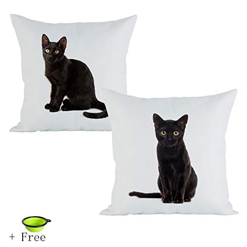 Pet Cat Cushion Cover Cotton Linen 2pcs 45x45cm with 1pcs Folding Bowl Set of 3 (Cat C)