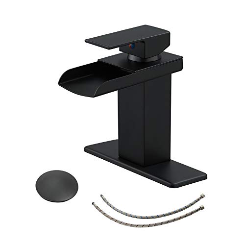 BWE Black Bathroom Faucet Waterfall Matte with Pop Up Drain Stopper