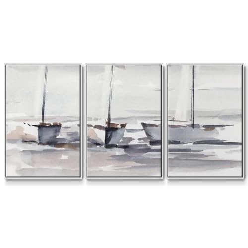Renditions Gallery Seascape Wall Art Ocean Muted Coast White Boats Painting Abs…