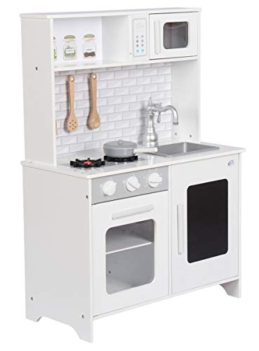 Coemo Weiße Spielküche aus Holz inkl. Gas-Kochfeld Backofen Mikrowelle Küchen-Zubehör aus Holz herausnehmbares… – Bild 4